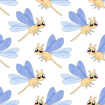 Seamless pattern, cute dragonfly, cartoon, baby. on white background for fabric, wrapping paper vector