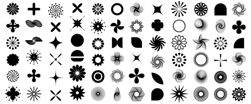 Set of geometric abstract floral shapes, set of vector icons as flowers, stylish retro brutal minimalist art. Simple collection of Memphis y2k elements, flat bauhaus template with floral mesh.