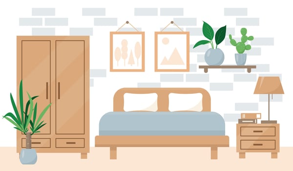 Cozy bedroom interior in trendy Scandic hygge style. Modern house or apartment with homeplants and furniture. Flat or cartoon vector illustration.
