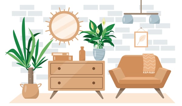 Cozy living room interior in trendy Scandic hygge style. Modern house or apartment with homeplants and furniture. Flat or cartoon vector illustration.