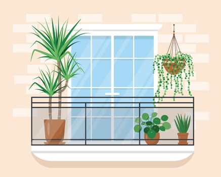 Cozy balcony with homeplants. Facade of Modern house in trendy style. Flat or cartoon vector illustration.