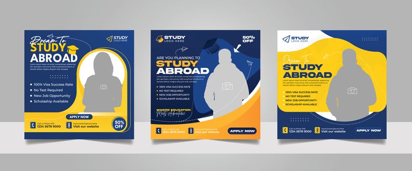 Study abroad social media post set, Higher education online square flyer school admission web banner template vector
