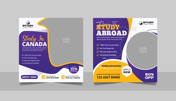 Study abroad social media post set, Higher education online square flyer school admission web banner template vector