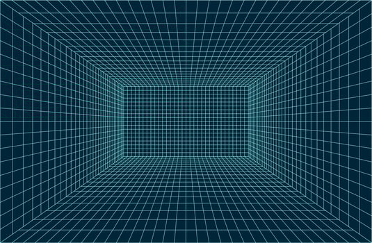 3d wireframe linear grid room. 3d perspective laser grid in Retrowave, synthwave, style. Cyberspace dark background with neon lines. Futuristic digital hallway space in virtual reality. Vector design.