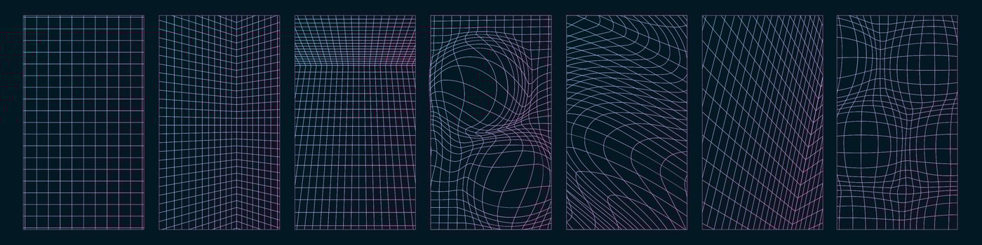 Set of perspective and distorted neon grid patterns. Retrowave, synthwave, rave, vaporwave Blue and purple colors. Trendy retro 1980s, 1990s style. Linear gradient vector illustration.