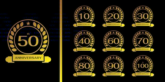 set of 10-100th anniversary celebrations. anniversary logo with luxury gold circle and gold ribbon vector