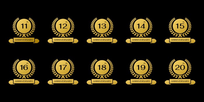 11-20th anniversary celebration collection. anniversary logo with gold ribbon circle and circular leaves vector