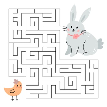 Spring maze game for kids. Cute bunny looking for a way to the chick. Happy Easter. Printable worksheet. Vector cartoon illustration for Orthodox easter.