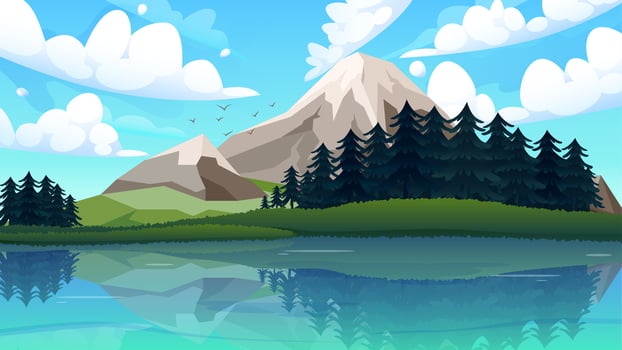 Mountain Lake View with Clear Water Reflection, Vector Wallpaper, Vector Illustration