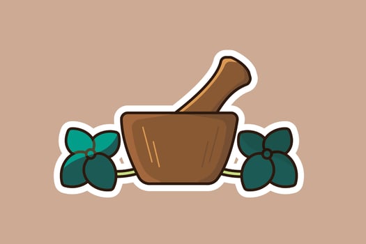 Mortar and Pestle Sticker design vector illustration. Kitchen and pharmacy equipment design concept. Grinder bowl, Ayurvedic medicine bowl sticker design logo.