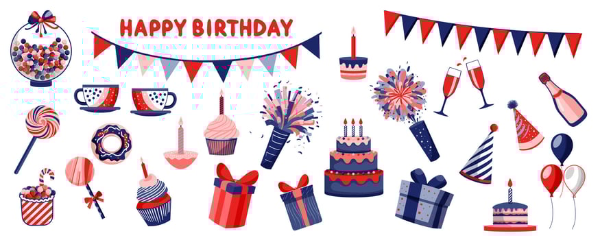Happy birthday mega set in flat graphic design. Bundle elements of garlands, cakes with candles, celebration cupcake, champagne, festive hats, candy, gifts, other. Vector illustration isolated objects