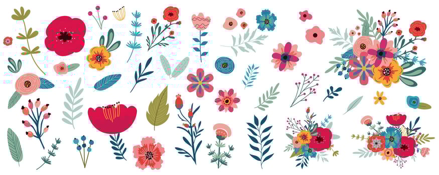 Flowers mega set in flat graphic design. Bundle elements of abstract different blooming wildflowers and spring blossoms, bouquet arrangements, herbs and plants. Vector illustration isolated objects