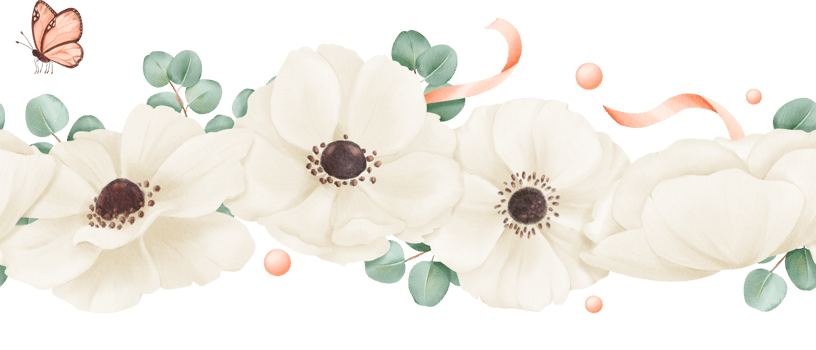 A seamless border delicate white anemones, eucalyptus leaves, adorned with ribbons, rhinestones and butterflies. watercolor illustration for wedding invitations, greeting cards or design projects png