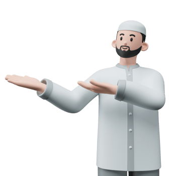 3D render portrait of muslim people with skullcap. Happy young adult man pointing and showing product to the side. Eid mubarak Concept. png