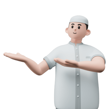 3D render portrait of muslim people with skullcap. Happy young adult man pointing and showing product to the side. Eid mubarak Concept. png