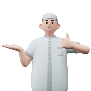 3D render portrait of muslim people with skullcap. Happy young adult man pointing and showing product to the side. Eid mubarak Concept. png