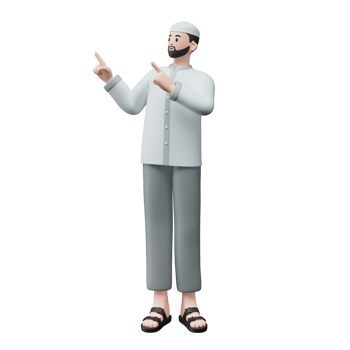 3D render portrait of muslim people with skullcap. Happy young adult man pointing and showing product to the side. Eid mubarak Concept. png