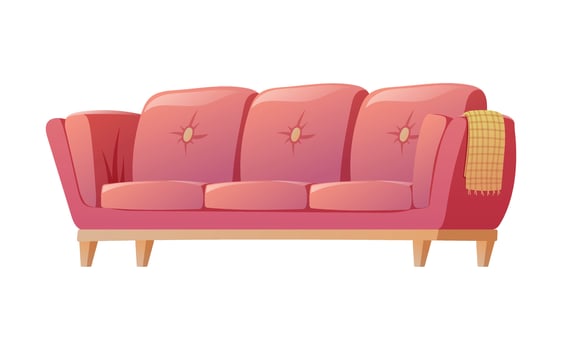 Soft comfortable home red sofa with a blanket. Living room interior decoration. Vector isolated cartoon illustration.