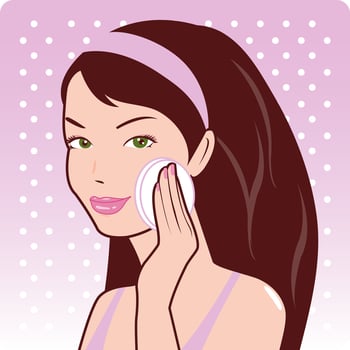 A beautiful young woman removes her make up with a cotton pad. Woman removes her makeup. Skin care. Vector illustration