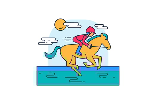 Rider Athlete Races On Horseback Along Hippodrome vector