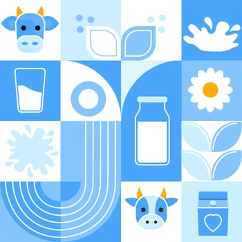 Vector seamless pattern with cows, milk, flowers. Modern abstract Background. World Milk Day. Vector illustration of geometric shapes.