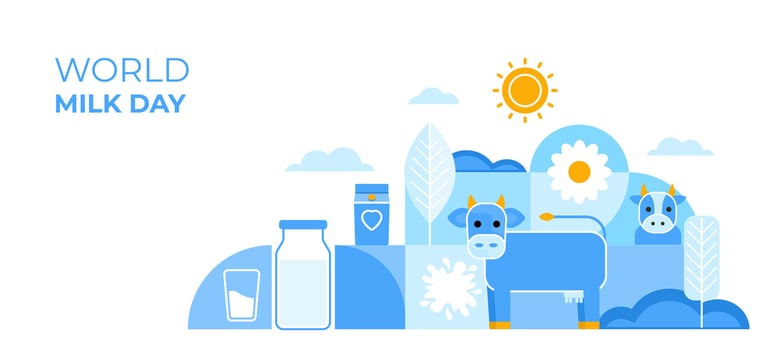 World Milk Day. Modern background with cow, milk, flowers. Vector illustration of geometric shapes.