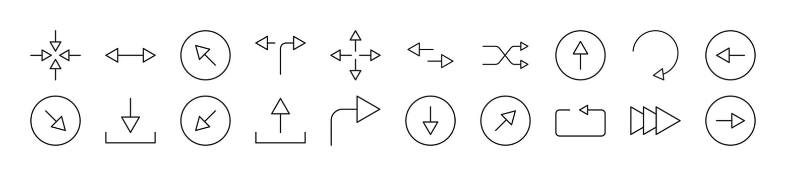 Bundle of linear symbols of arrows. Editable stroke. Linear symbol for web sites, newspapers, articles book vector