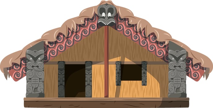 Vector illustration of a traditional Maori Wharenui house in cartoon style isolated on white background. Traditional Houses of the World Series
