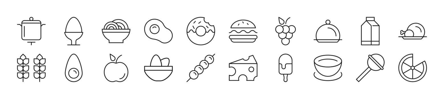 Collection of thin signs of food. Editable stroke. Simple linear illustration for stores, shops, banners, design vector