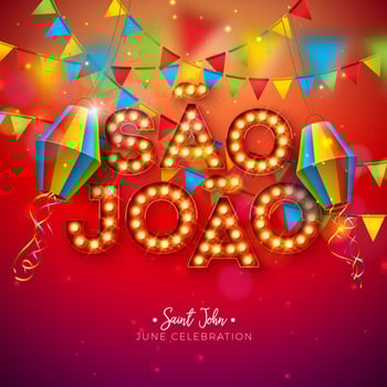 Festa Junina Illustration with Party Flags, Paper Lantern and Light Bulb Billboard Sao Joao Lettering on Red Background. Vector Brazil June Festival Design for Greeting Card, Banner or Holiday Poster.
