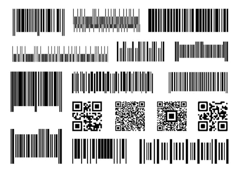 Digital barcode. Supermarket barcodes, scan code bars and industrial price label vector set. Product inventory, digital verification. Packaging unique striped labels isolated on white background
