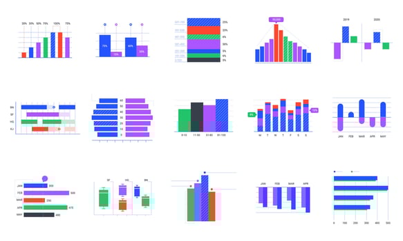 Bar charts. Trends statistic graphic, timeline chart and business infographics elements vector set. Company profit graph. Financial and marketing presentation infocharts isolated on white background