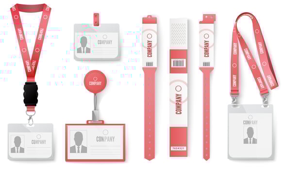 ID cards badges. Red identification badges on lanyard, necklace tag, label cards and event identity labels realistic vector set. Employee pass, pink realistic iD mockup, colorful paper wristbands