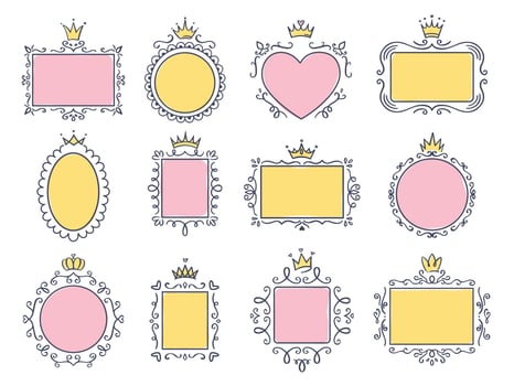 Cute princess frames. Pink mirror frame with princesses crown, majestic hand drawn text borders and royal doodle frame vector set. Collection of empty boards with diadems. Tiaras, flourish elements