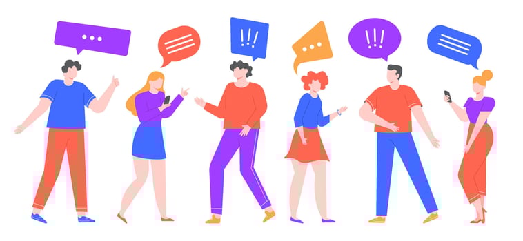 Communicating people. Group of female and male characters speaking bubble communicate, chat using smartphones, people conversation and phone call talking vector illustration. Men and women characters
