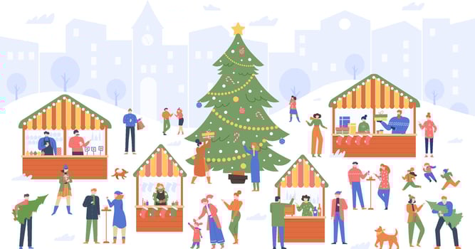 Christmas market. Holiday fair, cartoon people walking on decorated outdoor stalls and buying wine, food and Christmas souvenirs vector colorful illustration. New year marketplace, winter decoration