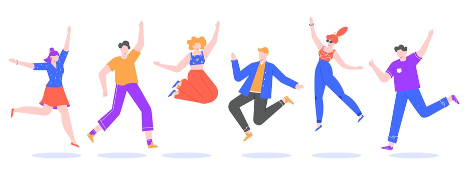 Happy jumping young people. Excited student characters, happy teenagers and joyful people jumped together, happy jumping team isolated vector illustration. Faceless cartoon human set in flat style