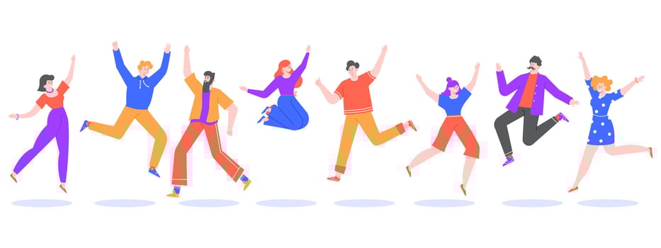 Young people jump. Jumping students, excited, smiling group of happy teenagers, joyful young people jumped together isolated vector illustration. Successful male and female winners flat characters