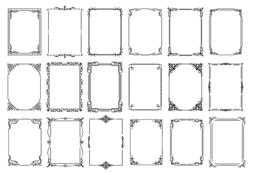 Vintage ornament frame. Decorative border frames, retro style divider. Elegant vintage frame and wedding ornaments Isolated icons vector set. Calligraphic baroque black ink borders collection