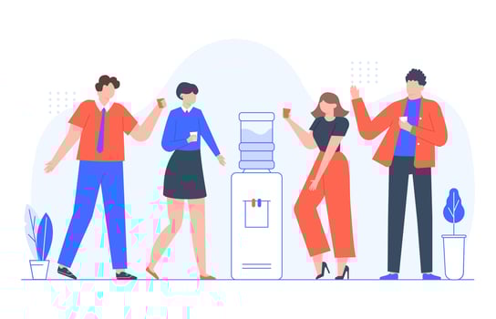 Water cooler talk. Business people group drink water and chat conversation, men and women talking. Coworkers team communication vector illustration