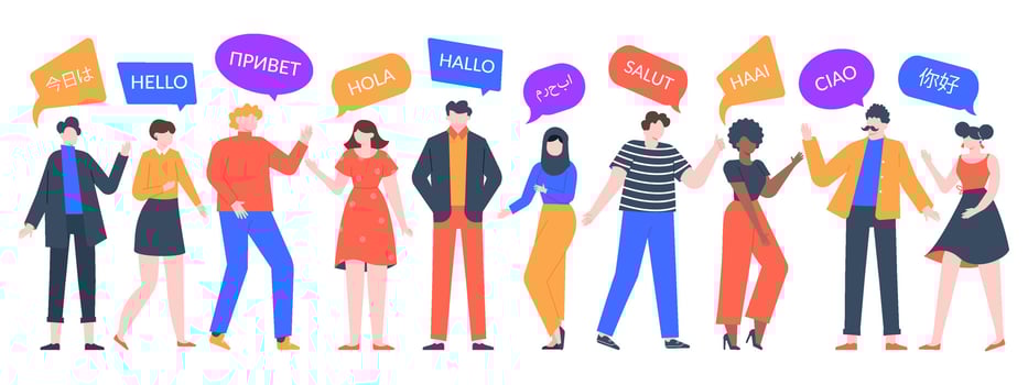 People say hi. Group of multiethnic men and women speaking, multicultural characters say hello. Unity of asian, african and european humans vector illustration