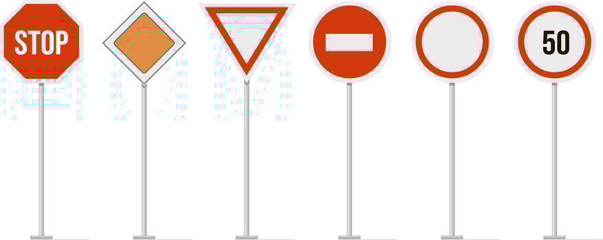 Highway road signs. Traffic road, highway speed street sign, restricted urban and highway symbols. Regulatory, warning, and guide character signs vector isolated icon set