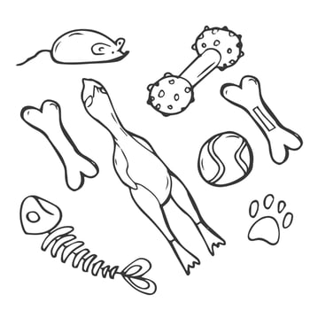 Black and white cartoon hand drawn dog toy vector illustration isolated on a white background. House pet stuff concept. Puppy training equipment, accessories, food, treats.