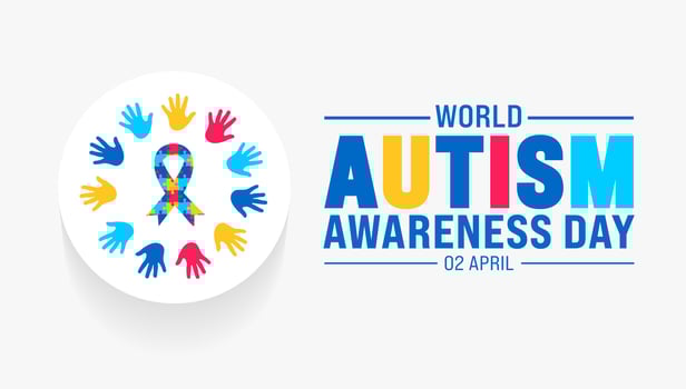 2 April world Autism Awareness Day concept colorful child handprint or kids hand circle with puzzle piece awareness ribbon background design template. vector