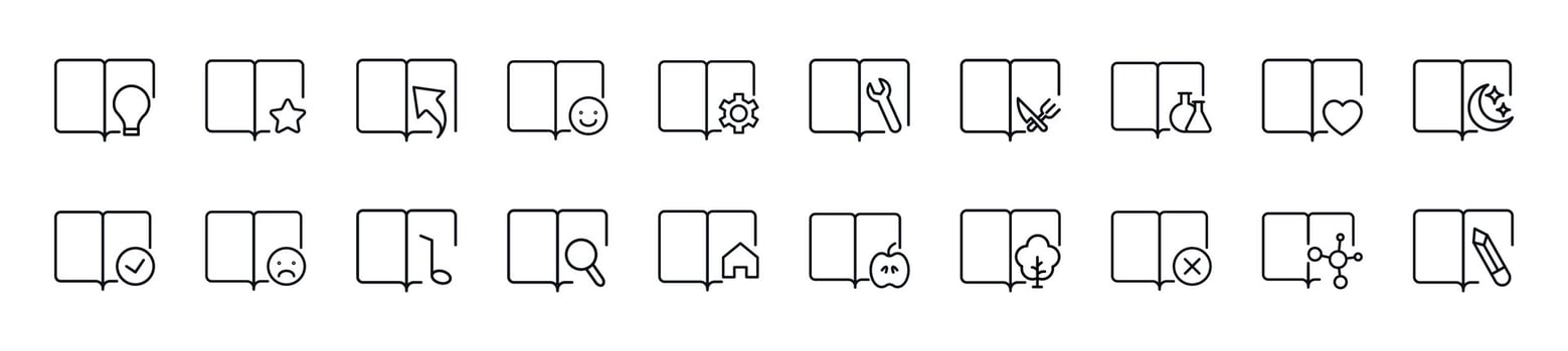 Collection of thin line icons of books with various items. Editable stroke. Simple linear illustration for web sites, newspapers, articles book vector