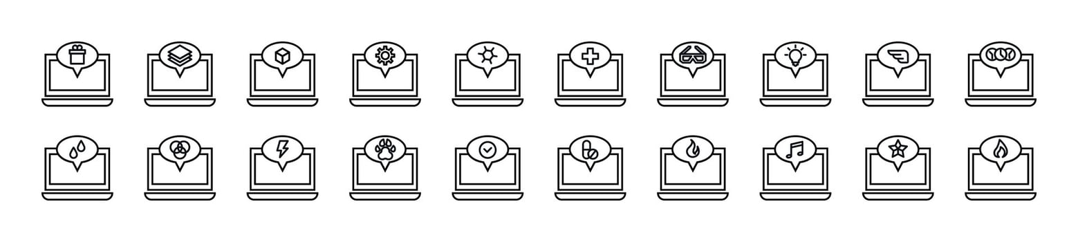 Collection of outline symbol of laptop and speech bubble. Editable stroke. Simple linear illustration for stores, shops, banners, design vector