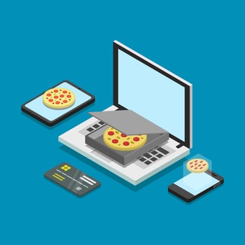 Buy pizza online isometric illustrated vector