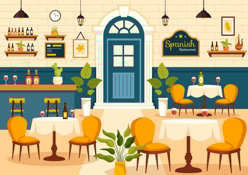 Spanish Restaurant Vector Illustration with Various of Food Menu Traditional Dish Typical Recipe and Cuisine in Flat Cartoon Background Design