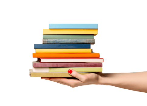 AI generated hand holding colorful pile of books png