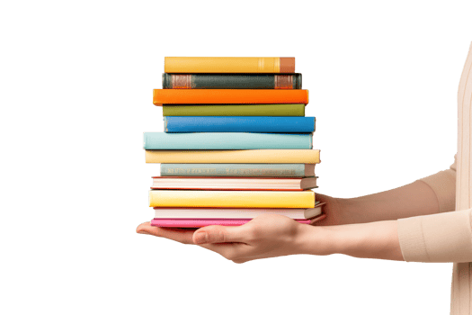 AI generated hand holding colorful pile of books png